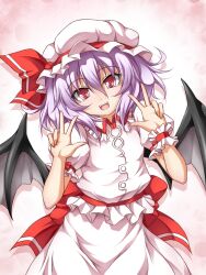  bat_wings commentary_request female hat hat_ribbon open_mouth puffy_sleeves purple_hair red_eyes remilia_scarlet ribbon roura short_hair short_sleeves solo touhou v wings wrist_cuffs 