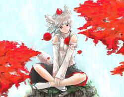  animal_ears between_legs brown_eyes commentary_request detached_sleeves female hand_between_legs hat indian_style inubashiri_momiji leaf looking_at_viewer ma_nyan_(nyao_mao_nyao) maple_leaf sitting smile solo tail tokin_hat touhou traditional_media white_hair wide_sleeves wolf_ears wolf_tail 