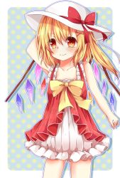  alternate_costume arm_behind_head arm_up bare_arms blonde_hair blush bow commentary_request dress female flandre_scarlet hair_ribbon hat hat_bow layered_dress multicolored_clothes multicolored_dress red_eyes red_skirt ribbon side_ponytail skirt sleeveless sleeveless_dress smile solo sun_hat touhou white_skirt wings yuria_(kittyluv) 