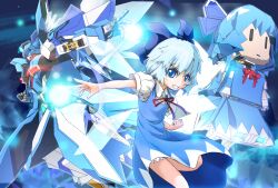  blue_eyes blue_hair bow cirno commentary_request danmaku dress female hairbow highres mavuki mecha mechanization ribbon robot short_hair solo touhou wings |_| 