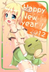  2012 :d ahoge bare_shoulders blonde_hair blue_eyes blush dragon dragon_girl dragon_horns female horns looking_at_viewer midriff monster_girl new_year oerba_yun_fang open_mouth original photoshop_(medium) sekine_irie short_hair skirt smile solo tank_top thighhighs 