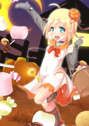  :d blonde_hair blue_eyes blush candy collar cuffs elbow_gloves female gloves hair_ornament halloween irie_sekine key leash night open_mouth pumpkin sekine_irie smile solo 