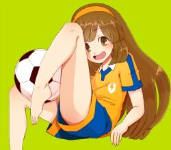  ball brown_eyes brown_hair commentary_request feet female hairband inazuma_eleven_(series) inazuma_eleven_go inazuma_eleven_go_chrono_stone lightning_bolt_symbol long_hair mado_(view85) nanobana_kinako open_mouth orange_hairband raimon raimon_soccer_uniform simple_background smile soccer_ball soccer_uniform solo sportswear telstar 