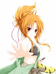  bad_id bad_pixiv_id black_bra blonde_hair blush bra brown_eyes female hadanugi_dousa highres japanese_clothes kimono long_hair oda_nobuna oda_nobuna_no_yabou open_clothes open_kimono outstretched_arm smile solo sword umxzo underwear weapon 