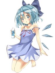  bare_arms bare_legs barefoot blue_dress blue_eyes blue_hair blue_skirt blush bottle bow brand_name_imitation cirno collarbone commentary_request deetamu dress female hairbow looking_at_viewer open_mouth pocari_sweat short_hair skirt sleeveless sleeveless_dress solo strap_slip touhou wings 