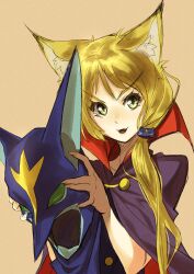  animal_ears berg_katse blonde_hair cat_ears cat_hair_ornament commentary_request fangs female gatchaman green_eyes hair_ornament helmet holding holding_mask mask open_mouth parody photoshop_(medium) shimotsuki_eight solo v-shaped_eyebrows 