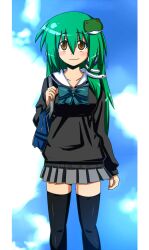  alternate_costume bag black_thighhighs blush breasts brown_eyes cardigan commentary_request female frog green_hair hair_ornament hair_tubes honehone kochiya_sanae long_hair medium_breasts school_uniform skirt smile snake solo thighhighs touhou 