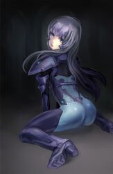  ass bodysuit boots commentary_request female fortified_suit highres inia_sestina kneeling light_purple_hair long_hair muv-luv muv-luv_alternative muv-luv_total_eclipse naoki_yukira pilot_suit purple_eyes solo 