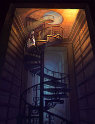  book bookshelf commentary dusttodusk female hairband highres indoors ironwork library light_particles light_rays long_hair original photoshop_(medium) purple_shirt scenery shirt skirt solo spiral_staircase stairs stairwell standing white_hair white_skirt wide_shot 