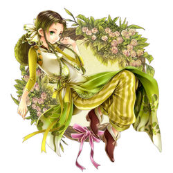  ankle_boots boots bow braid brown_footwear brown_hair closed_mouth commentary_request dress expressionless female flower forehead full_body green_dress green_eyes green_hair green_pants green_theme hairbow hand_up kininaljaguar leaf lips long_hair long_sleeves looking_at_viewer pants photoshop_(medium) pink_flower pink_ribbon pink_rose ribbon romancing_saga_3 rope rose saga sarah_carson sidelocks simple_background solo striped_clothes striped_pants twin_braids vertical-striped_clothes vertical-striped_pants white_background white_bow wreath 