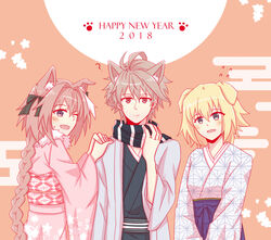  2boys ahoge animal_ears astolfo_(fate) bangs black_kimono black_ribbon blonde_hair blush braid brown_hair cat_ears coat dog_ears eyebrows_visible_through_hair fate/apocrypha fate_(series) female fokwolf grey_coat hair_ornament hair_ribbon hand_on_own_neck hands_on_another&#039;s_shoulder happy_new_year highres japanese_clothes jeanne_d&#039;arc_(fate) jeanne_d&#039;arc_(fate)_(all) kimono long_braid long_hair looking_at_viewer male_focus multicolored_hair multiple_boys multiple_girls new_year oerba_yun_fang one_eye_closed open_clothes open_coat pink_eyes pink_hair pink_kimono purple_eyes red_eyes ribbon ruler_(fate/apocrypha) scarf short_hair sieg_(fate/apocrypha) single_braid striped_scarf trap two-tone_hair very_long_hair yukata 