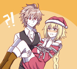  1boy brown_hair carrying christmas christmas_outfit couple fate/apocrypha fate_(series) female female fokwolf hat jeanne_d&#039;arc_(fate) jeanne_d&#039;arc_(fate)_(all) male pale_skin princess_carry red_eyes ruler_(fate/apocrypha) santa_boots santa_costume santa_dress santa_hat short_hair sieg_(fate/apocrypha) 