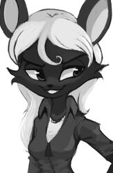  2017 anthro breasts bukoya-star clothed clothing dreamkeepers felid female fur greyscale hair hi_res mammal monochrome pantherine simple_background smile solo the_wayward_astronomer tuft vanir white_background 