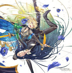  1boy armband bad_id bad_pixiv_id battle black_hair blonde_hair choker claws crown dagger dual_wielding female flower green_eyes highres holding knife long_hair pants petals pixiv_fantasia pixiv_fantasia_new_world ponytail poppy_(flower) purple_eyes sword taki_zen&#039;ichi very_long_hair violet_(flower) weapon 