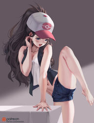  arm_support bad_id bad_pixiv_id bare_legs barefoot baseball_cap black_vest blue_eyes blush breasts brown_hair cleavage crop_top denim denim_shorts female hat high_ponytail hilda_(pokemon) leg_up letdie1414 long_hair medium_breasts midriff navel oerba_yun_fang open_mouth patreon_logo patreon_username photoshop_(medium) plantar_flexion pokemon pokemon_bw shirt shorts sleeveless sleeveless_shirt solo spread_legs standing standing_on_one_leg vest white_shirt 