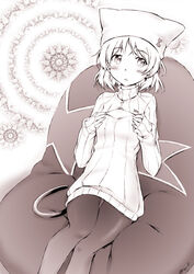  animal_hat blush cat_girl cat_tail cleavage_cutout clothing_cutout commentary_request female greyscale hat masana_hatuse meme_attire monochrome open-chest_sweater pantyhose ribbed_sweater sanya_v._litvyak short_hair sitting sleeves_past_wrists solo strike_witches sweater tail turtleneck world_witches_series 