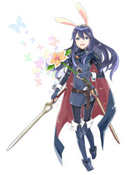  absurdres animal_ears blue_eyes blue_hair boots bug butterfly cape commentary_request falchion_(fire_emblem) female fire_emblem fire_emblem_awakening flower highres long_hair lucina_(fire_emblem) menoko open_mouth rabbit_ears smile solo super_smash_bros. sword the_legend_of_zelda the_legend_of_zelda:_majora&#039;s_mask tiara weapon 