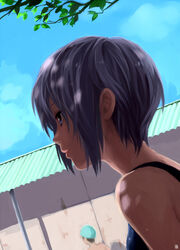  a-ka blue_eyes commentary_request endless_eight expressionless female nagato_yuki profile purple_hair shade short_hair solo suzumiya_haruhi_no_yuuutsu swimsuit tree_shade upper_body 