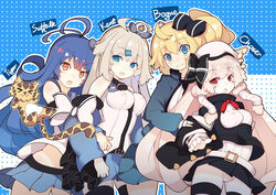  &gt;_&lt; 4girls ahoge belt beret black_bow black_jacket black_legwear blonde_hair blue_background blue_eyes blue_hair blue_jacket blue_skirt blush bogue_(mod)_(warship_girls_r) bogue_(warship_girls_r) bow breasts character_name chaser_(mod)_(warship_girls_r) chaser_(warship_girls_r) chibi closed_eyes closed_mouth colored_eyelashes commentary_request detached_sleeves fierce_tiger_(warship_girls_r) framed_breasts grey_hair hair_between_eyes hair_ornament hair_tubes hairclip hat highres jacket kent_(mod)_(warship_girls_r) kent_(warship_girls_r) lock long_hair long_sleeves looking_at_viewer medium_breasts mini_hat miniskirt multiple_girls oerba_yun_fang open_mouth orange_eyes padlock panties pink_hair pleated_skirt polka_dot polka_dot_background rain_lan red_bow red_eyes sailor_collar shirt side_ponytail skirt small_breasts smile suffolk_(warship_girls_r) thighhighs tiger two-tone_background underwear warship_girls_r white_background white_hat white_panties white_shirt 