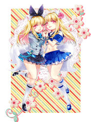  2girls absurdres animal_ears blade_&amp;_soul blonde_hair commentary_request fox_ears hairband highres holding_hands interlocked_fingers jacket kneehighs long_hair lyn_(blade_&amp;_soul) mary_janes midriff multiple_girls navel open_mouth photoshop_(medium) red_eyes ribbon school_uniform serafuku shirt shoes skirt smile socks standing standing_on_one_leg tail tsuna2727 