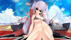  absurdres azur_lane bikini black_bikini black_choker black_ribbon breasts choker commentary_request cross day female flag_print german_flag_bikini grey_hair hair_ribbon highres iron_cross jacket jewelry large_breasts long_hair looking_at_viewer mole mole_on_breast multicolored_hair official_alternate_costume outdoors prinz_eugen_(azur_lane) prinz_eugen_(unfading_smile)_(azur_lane) red_eyes ribbon side-tie_bikini_bottom sideboob sitting solo spekkio36 streaked_hair sunglasses swept_bangs swimsuit underboob 