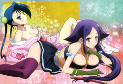  2girls absurdres blue_eyes blue_hair breasts cleavage cosplay costume_switch hibachi_(mushibugyou) highres japanese_clothes kimono kimono_pull large_breasts legs multiple_girls mushibugyou nyantype official_art oharu_(mushibugyou) purple_eyes purple_legwear scan skirt thighhighs yamashita_yoshimitsu 