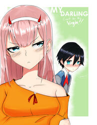  1boy admiralkukichi black_hair blue_eyes blush blush_stickers breasts can&#039;t_be_this_cute cleavage commentary couple crossed_arms darling_in_the_franxx deviantart_username female green_eyes hairband hiro_(darling_in_the_franxx) horns long_hair long_sleeves medium_breasts military military_uniform necktie oni_horns orange_shirt pink_hair red_horns red_necktie red_ribbon ribbon shirt straight tears uniform watermark white_hairband zero_two_(darling_in_the_franxx) 