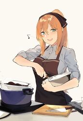  :d apron blush brown_hair chocolate collared_shirt commentary_request cutting_board dress_shirt duoyuanjun eighth_note eyebrows female food girls&#039;_frontline green_eyes hair_between_eyes hair_ornament head_tilt highres holding hot_plate icing kitchen_knife knife long_hair long_sleeves looking_at_viewer mixing mixing_bowl musical_note open_mouth ponytail pot ribbon shirt simple_background sleeves_rolled_up smile solo springfield_(girls&#039;_frontline) upper_body whisk wing_collar 