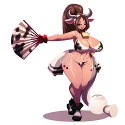  animal_ears bikini blush breasts brown_eyes brown_hair cleavage cow_bell cow_ears cow_horns cow_print cow_tail curvy fatal_fury female fingerless_gloves full_body hips huge_breasts king_of_fighters legs long_hair looking_at_viewer navel one_eye_closed open_mouth ponytail riendonut shiranui_mai smile snk snk_heroines:_tag_team_frenzy solo standing swimsuit tail thick_thighs wide_hips 