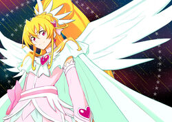  aida_mana arm_warmers ayatori_(sensei_heroism) blonde_hair bow brooch cape choker commentary_request cure_heart cure_heart_(parthenon_mode) dokidoki!_precure earrings female hair_ornament half_updo heart heart_brooch heart_hair_ornament high_ponytail highres jewelry long_hair magical_girl pink_arm_warmers pink_bow pink_eyes pink_skirt pink_sleeves ponytail precure ribbon sidelocks skirt smile solo waist_bow wide_ponytail wing_brooch wings 