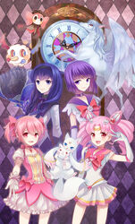  4girls akemi_homura akemi_homura_(magical_girl) argyle_background artemis_(sailor_moon) bishoujo_senshi_sailor_moon bishoujo_senshi_sailor_moon_supers black_hair bow brooch charlotte_(madoka_magica) chibi_usa choker clock color_connection commentary_request cone_hair_bun crescent crescent_facial_mark crossover facial_mark feline gloves hair_bun heart heart_brooch helios_(sailor_moon) highres jewelry kaname_madoka kaname_madoka_(magical_girl) kyuubee long_hair look-alike magical_girl mahou_shoujo_madoka_magica mahou_shoujo_madoka_magica_(anime) momori multicolored_clothes multicolored_skirt multiple_girls pegasus pegasus_(sailor_moon) pink_hair pink_sailor_collar purple_eyes purple_hair purple_sailor_collar red_bow roman_numeral sailor_chibi_moon sailor_collar sailor_saturn sailor_senshi sailor_senshi_uniform skirt smile star_(symbol) star_choker super_sailor_chibi_moon tomoe_hotaru trait_connection twintails v walpurgisnacht_(madoka_magica) white_gloves 