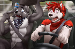  2013 5_fingers abs anthro avoid_posting bandana biceps black_bandanna black_body black_clothing black_fur black_kerchief black_neckerchief black_nose blue_eyes blue_highlights brown_body brown_fur canid canine canis car cenny clothed clothing countershading detailed_background digital_media_(artwork) domestic_dog driving duo fangs fingers fur furrybob grey_body grey_ears grey_fur grey_hair hair highlights_(coloring) holding_fixture husky inner_ear_fluff inside_car kerchief male mammal multicolored_body multicolored_fur muscular navel neckerchief nordic_sled_dog nude open_mouth orange_body orange_fur pattern_bandanna pattern_clothing pattern_kerchief pattern_neckerchief pecs photo_background photography_(artwork) pink_tongue purple_eyes red_bandanna red_clothing red_ears red_hair red_kerchief red_neckerchief scared sitting snout spitz student_driver teeth tongue tuft two_tone_body two_tone_fur vehicle white_body white_countershading white_fur wide_eyed wolf 