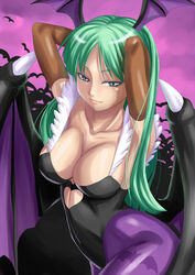  akawiro animal_print arms_up bat_(animal) bat_print bat_wings breasts cleavage collarbone commentary_request demon_girl elbow_gloves female gloves green_eyes green_hair head_wings large_breasts leotard long_hair morrigan_aensland pantyhose print_pantyhose purple_wings smile solo vampire_(game) wings 