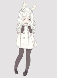  :o alternate_hair_length alternate_hairstyle animal_ears black_footwear black_pantyhose blade_(galaxist) blush brown_eyes coat commentary_request female full_body grey_background hands_on_own_cheeks hands_on_own_face lolicon long_hair long_sleeves looking_at_viewer mittens open_mouth pantyhose pop-up_story rabbit_ears rabbit_girl ruri_ookami shoes simple_background solo standing white_coat white_hair white_mittens 