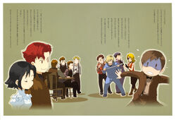  2girls 6+boys absurdres baccano! berga_gandor black_hair blonde_hair brown_hair chane_laforet chibi claire_stanfield czeslaw_meyer enami_katsumi everyone eyepatch glasses gloves graham_specter highres jacuzzi_splot keith_gandor lolicon luck_gandor multiple_boys multiple_girls nice_holystone official_art photoshop_(medium) red_eyes red_hair scan scar scissors short_hair tears tick_jefferson translation_request wrench 