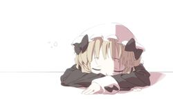  blonde_hair boro_(tn-boro) closed_eyes commentary_request desk female hair_ribbon hat mahou_shoujo_ikusei_keikaku mahou_shoujo_ikusei_keikaku_restart nokko-chan on_desk ribbon shadow sleeping solo white_background 