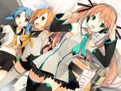  3girls akinashi_yuu bare_shoulders black_thighhighs blue_hair blush cosplay detached_sleeves game_cg green_eyes hatsune_miku hatsune_miku_(cosplay) headset kagamine_len kagamine_len_(cosplay) kagamine_rin kagamine_rin_(cosplay) koi_to_senkyo_to_chocolate monzennaka_kii multiple_girls navel necktie orange_hair ribbon sarue_ai sumiyoshi_chisato thighhighs twintails vocaloid 