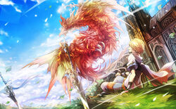  1boy bahamut_lagoon blonde_hair blue_sky bracer byuu cape cloud commentary_request day dragon grass highres house leaf looking_at_another male_focus outdoors planted planted_sword red_cape salamando sitting sky solo sword touka_(jue) weapon wind 