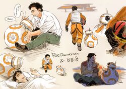  1boy animification bb-8 commentary_request droid helmet matsuri6373 pilot_suit poe_dameron rebel_alliance rebel_pilot repairing robot sleeping smile spacecraft star_wars star_wars:_the_force_awakens starfighter t-70_x-wing thumbs_up translated walking x-wing 