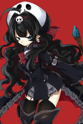  bags_under_eyes black_hair blue_eyes boots commentary_request earrings female garter_straps gothic_lolita hat jewelry ju-zika lolita_fashion long_hair original skirt skull solo thigh_boots thighhighs 