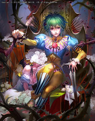  2girls asellus_(saga_frontier) bare_shoulders blonde_hair blue_dress breasts cleavage closed_eyes commentary_request dress emperors_saga flower green_hair highres large_breasts layered_sleeves liduke long_sleeves looking_at_viewer multiple_girls official_art parted_lips photoshop_(medium) plant planted planted_sword princess_white_rose puffy_short_sleeves puffy_sleeves purple_eyes red_flower red_lips red_rose rose saga saga_frontier short_over_long_sleeves short_sleeves sitting skirt smile square_enix sword vines watermark weapon white_flower white_rose white_skirt 