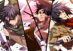  2boys black_eyes black_hair blue_eyes brown_eyes commentary_request eren_yeager female fujiwara_system highres jacket levi_(shingeki_no_kyojin) mikasa_ackerman multiple_boys paradis_military_uniform shingeki_no_kyojin short_hair sword three-dimensional_maneuver_gear weapon wire 