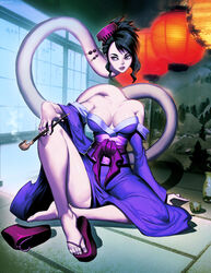  breasts cleavage comb commentary elasticity english_commentary female genzoman hair_ornament hairpin holding holding_smoking_pipe japanese_clothes kimono kiseru large_breasts long_neck monster_girl obi original parted_lips photoshop_(medium) rokurokubi sandals sash shoes single_shoe sitting smoking_pipe solo stretched_neck unworn_sandals wariza yuujo 