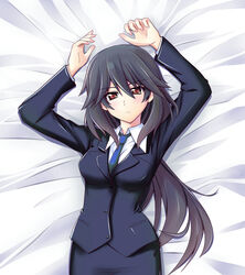  arms_up bed black_hair dark_hair formal infinite_stratos long_hair lying neck_tie necktie orimura_chifuyu ponytail suit 