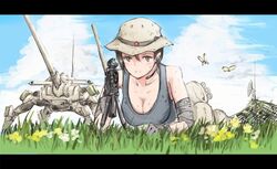  artillery bad_id bad_pixiv_id bipod boonie_hat breasts brown_eyes brown_hair bug butterfly cannon cleavage cloud day female gloves grass gun hakuaki hat headset large_breasts letterboxed mecha military military_uniform original outdoors radio_antenna rifle robot scope sniper_rifle soldier sweat tank_top uniform weapon 