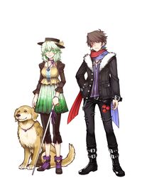  1boy absurdres adapted_costume alternate_costume amaguri_(2niso2) belt black_hair blind boots bracelet cane canine choker collar commentary_request ear_piercing female floral_print full_body fur_trim genderswap_(ftm) green_eyes green_hair hat hat_ribbon highres houjuu_nue jacket jewelry komeiji_koishi long_sleeves looking_at_viewer necklace pants piercing puffy_sleeves red_eyes ribbon ribbon_choker rule_63 scarf shirt short_hair simple_background smile touhou white_background white_cane 