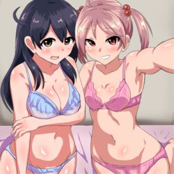  2girls bed bed_sheet black_hair blue_bra blue_panties blush bra breast_hold breasts brown_eyes cleavage commentary_request cowboy_shot foreshortening grin hair_bobbles hair_ornament kantai_collection large_breasts lingerie long_hair looking_at_viewer multiple_girls open_mouth outstretched_arm panties parted_bangs pink_bra pink_hair pink_panties reaching reaching_towards_viewer red_eyes sazanami_(kancolle) selfie senshiya shiny_skin side-by-side smile twintails underwear underwear_only ushio_(kancolle) 