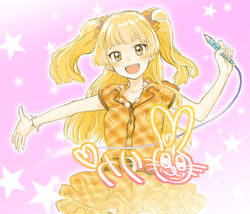  :d bad_id bad_tumblr_id blonde_hair blush bow bracelet bukiyama female green_eyes hairbow idolmaster idolmaster_cinderella_girls idolmaster_cinderella_girls_starlight_stage jewelry jougasaki_rika long_hair looking_at_viewer necklace open_mouth outstretched_arm pen photoshop_(medium) plaid purikura smile solo star_(symbol) two_side_up 