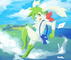  absurd_res action_pose ambiguous_gender anthro anthrofied big_ears cute_fangs digitigrade flying generation_4_pokemon hi_res landscape legendary_pokemon letter looking_at_viewer looking_back mammal nintendo nude pokemon pokemon_(species) pose shaymin shoulder_bag signature sky_forme_shaymin slim smile solo whiteleo 