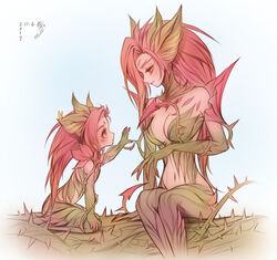  2girls aged_down bebseo breasts commentary dated dual_persona english_commentary highres league_of_legends lolicon long_hair looking_at_another medium_breasts monster_girl multiple_girls plant plant_girl reaching red_hair simple_background thorns vines white_background yellow_eyes zyra 